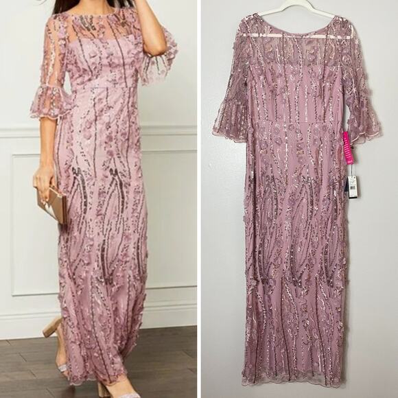 ADRIANNA PAPELL DRESS 14 PINK MOTHER OF BRIDE GOWN FALL WEDDING GUEST LONG MAXI - Picture 1 of 16